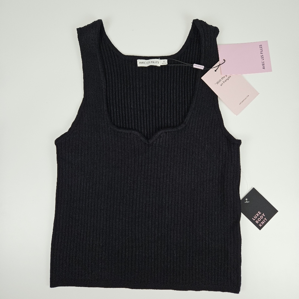 NWT Avec Les Filles Edgy Luxe Black Ribbed Tank Top Large